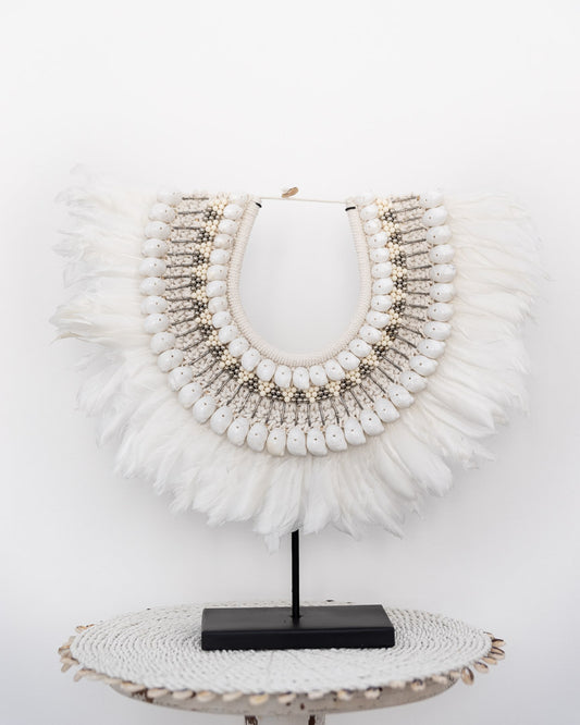 Feather stand with shell and silver beading