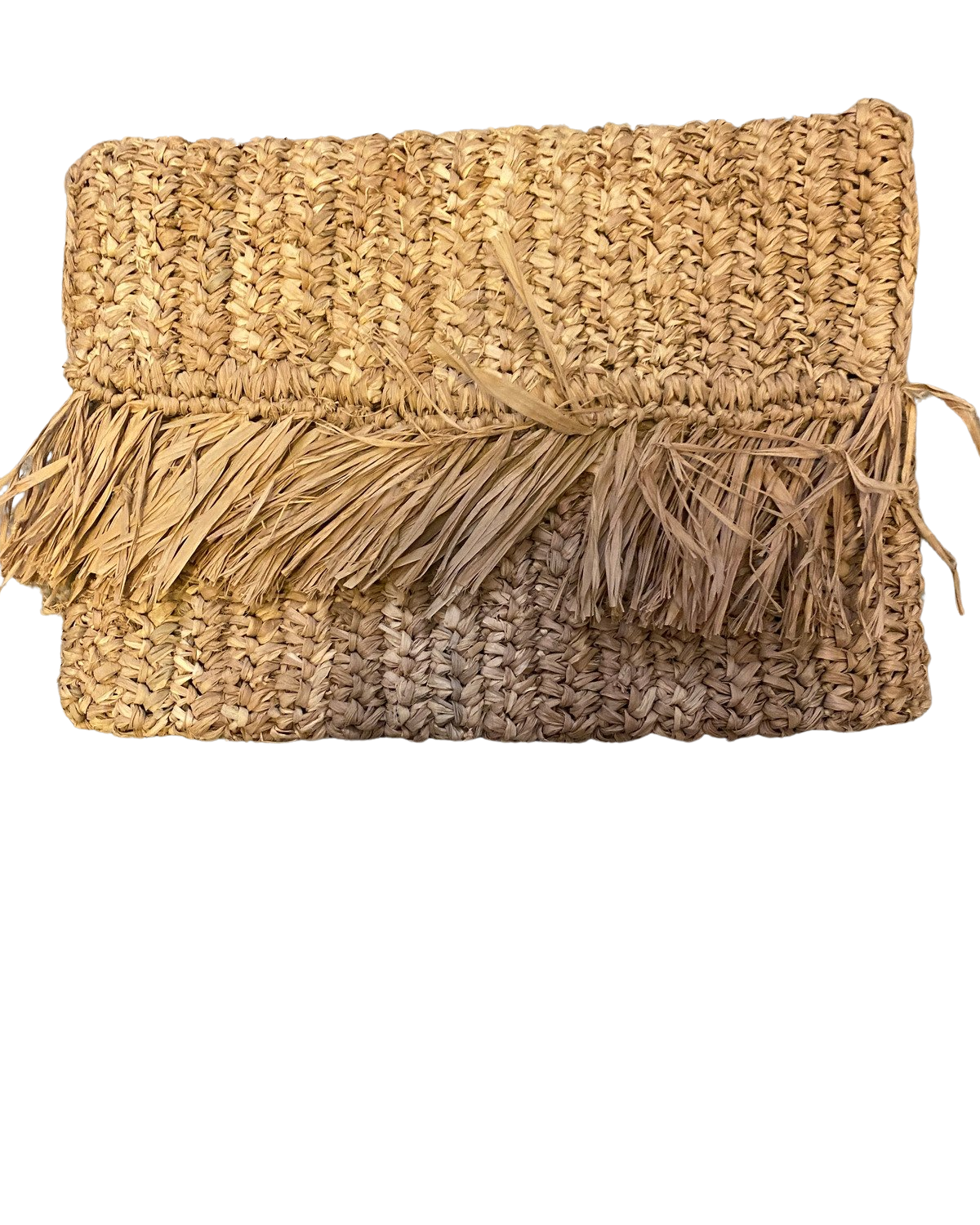 Raffia fold over fringed clutch