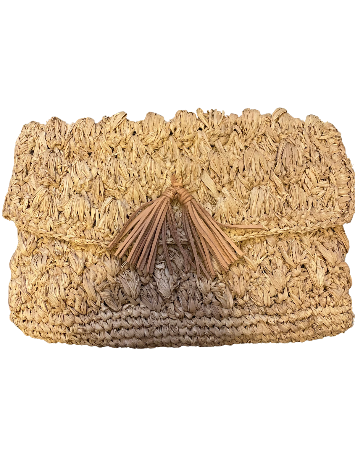 Raffia clutch with leather tassel