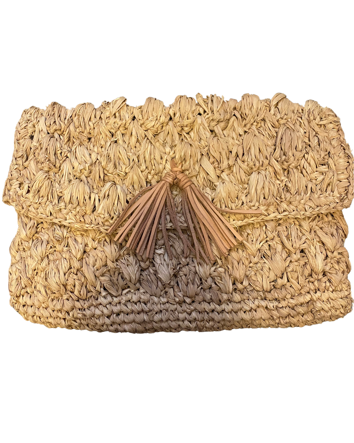 Raffia clutch with leather tassel